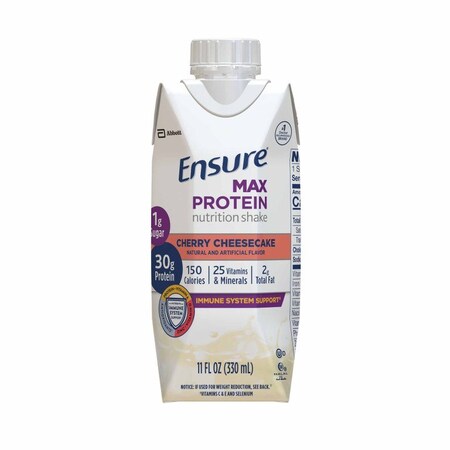 Ensure Max Protein Nutrition Shake Oral Supplement Cherry Cheesecake Flavor Liquid 11 oz. Reclosable Carton, 12PK 68460